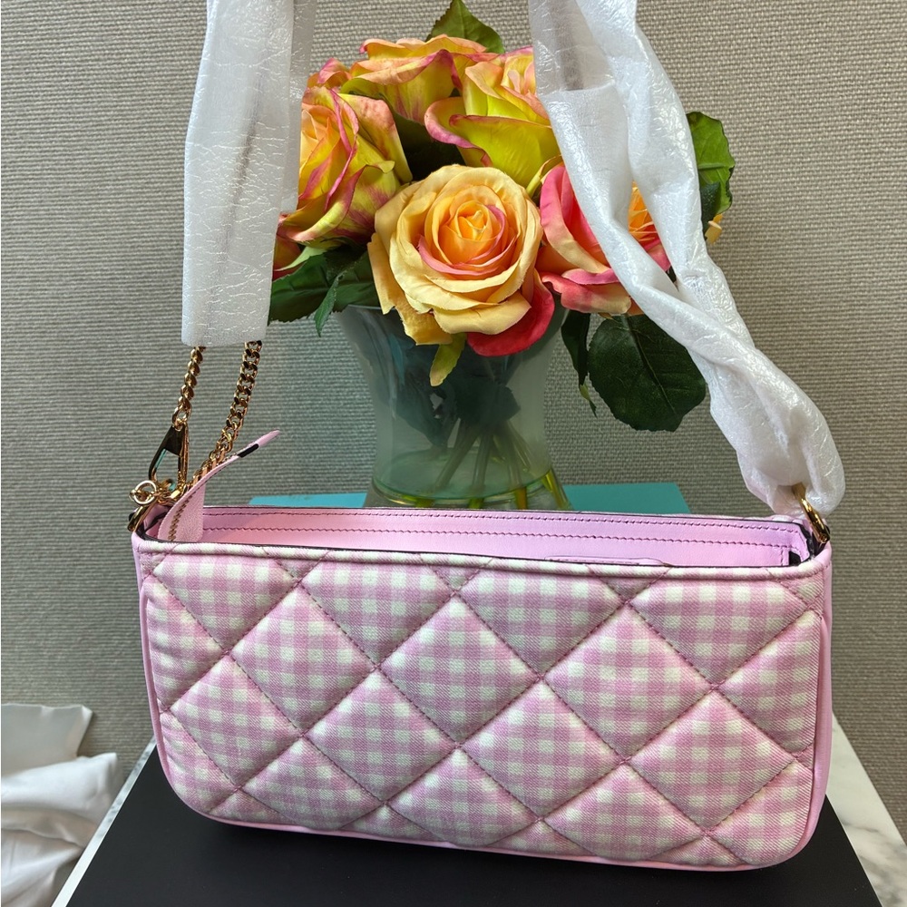NWT Authentic Versace Pink & White Plaid Fabric Shoulder Bag w/ Dustbag & Box - Picture 6 of 12